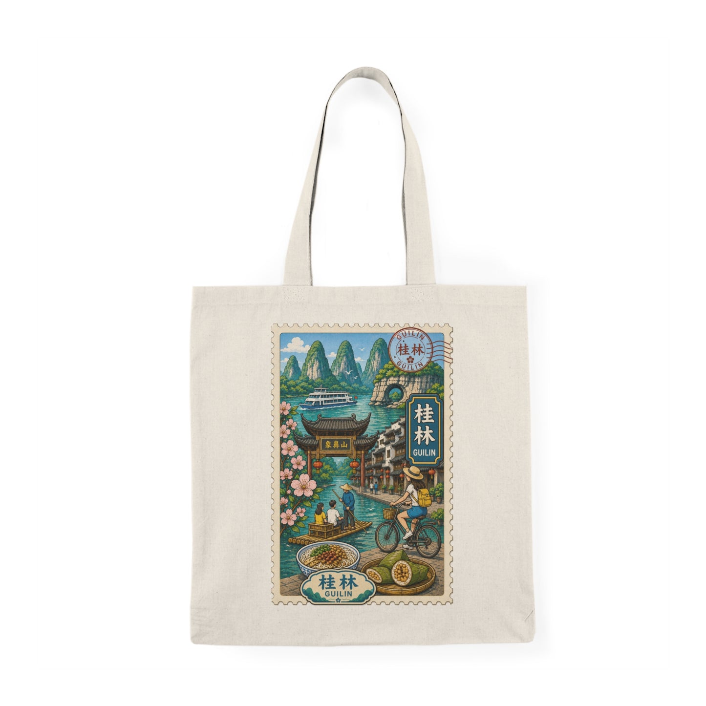 Guilin Travel Stamp Tote Bag — Scenic Chinese Landscape Canvas Tote