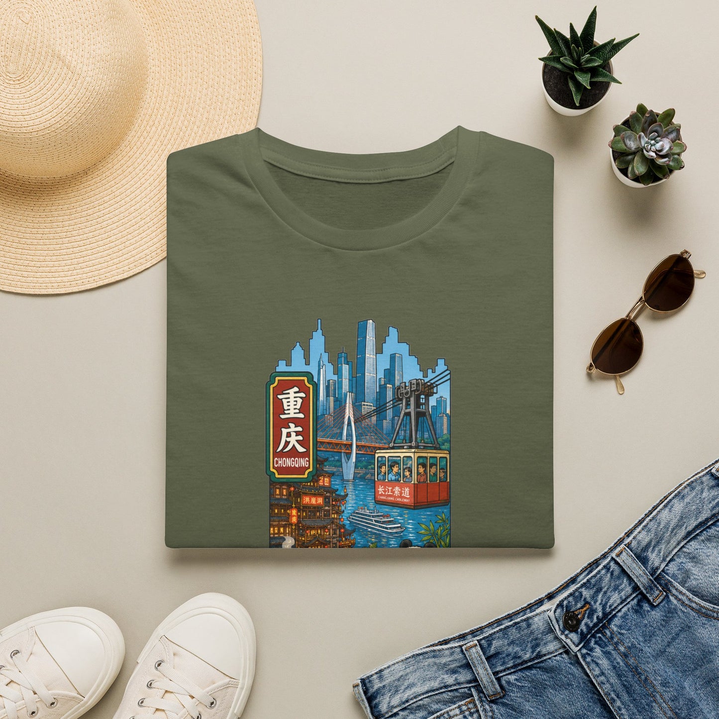 Chongqing Cityscape T-Shirt — Cable Car, Skyline & Night Market Illustration
