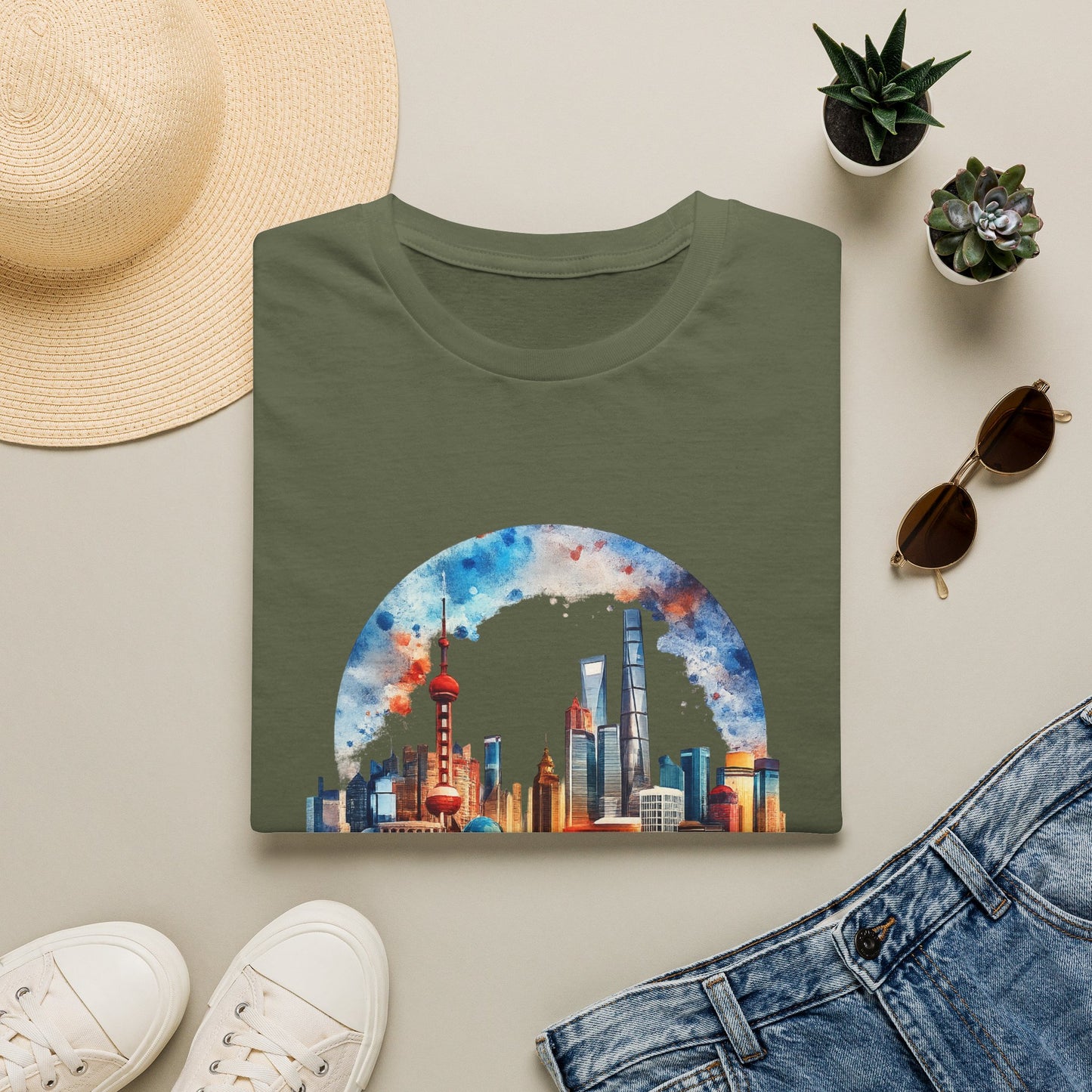 City Skyline T-Shirt — Watercolor Shanghai Landscape Tee
