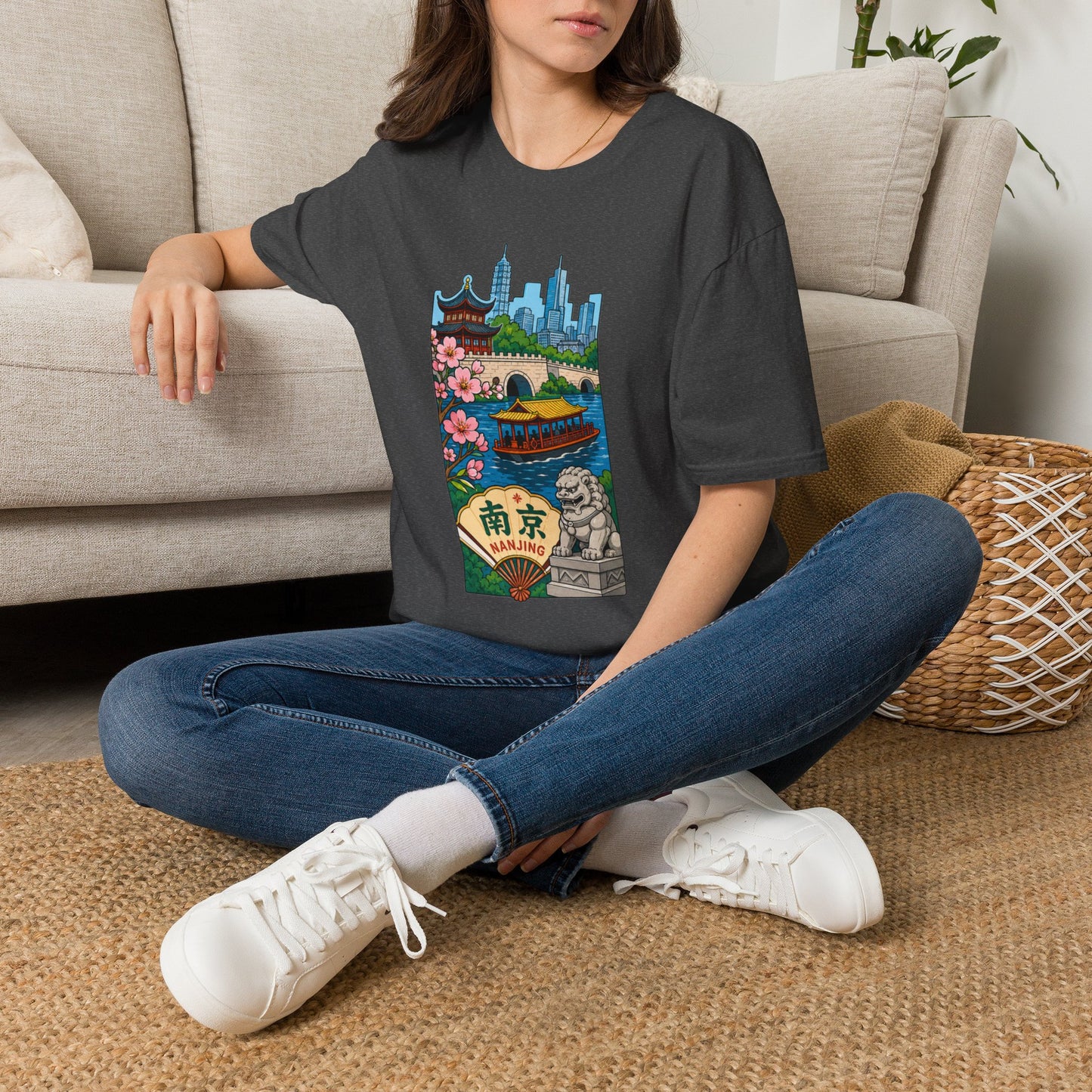 Nanjing Cityscape T-Shirt — Cherry Blossoms, Pagoda & Skyline Travel Shirt