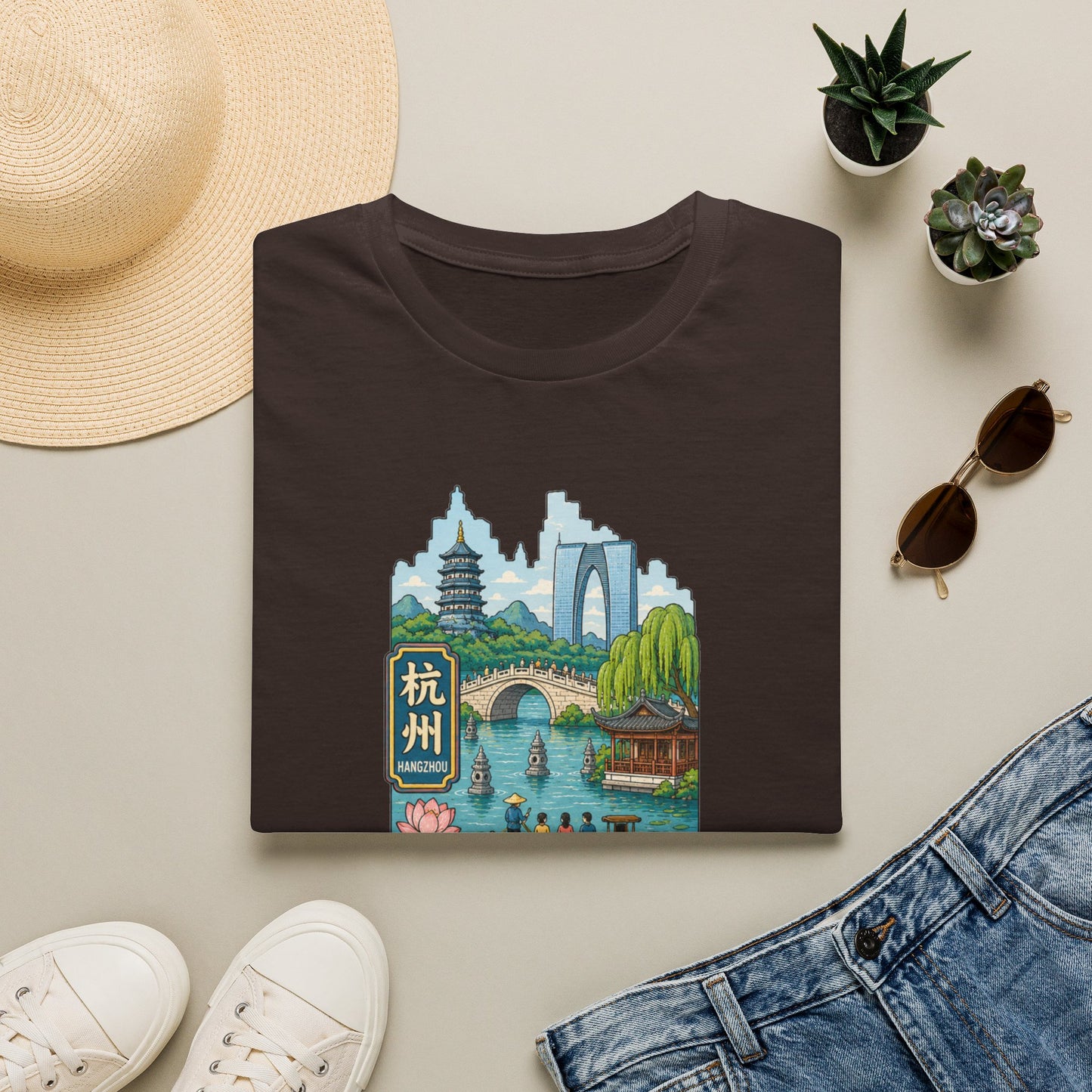 Hangzhou Scenic T-Shirt — West Lake Pagoda & Bridge Illustration