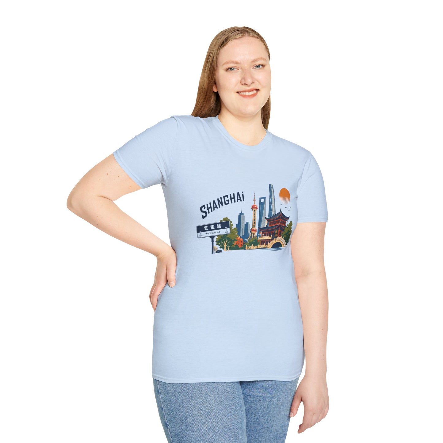 Shanghai Skyline T-Shirt — Retro Cityscape Tee with Oriental Pagoda & Street Sign