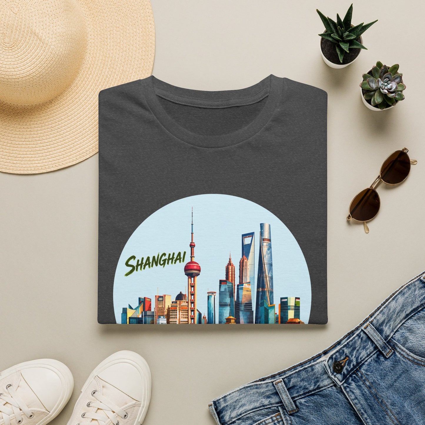 Shanghai Skyline T-Shirt — Retro Cityscape Tee with Reflection