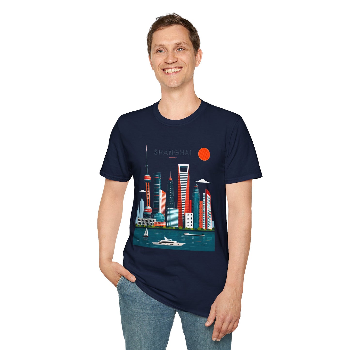 Shanghai Skyline T‑Shirt — Retro Red Sun Cityscape Tee