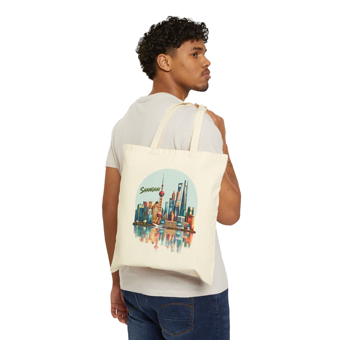 Shanghai Skyline Canvas Tote Bag – Vintage Cityscape Reusable Shopper