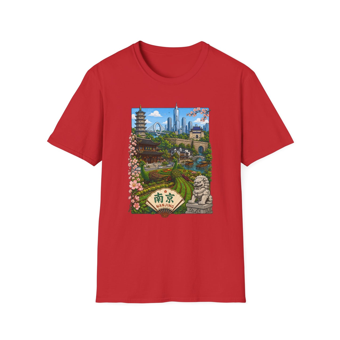 Nanjing Skyline T-Shirt — Scenic Cityscape with Pagoda & Cherry Blossoms