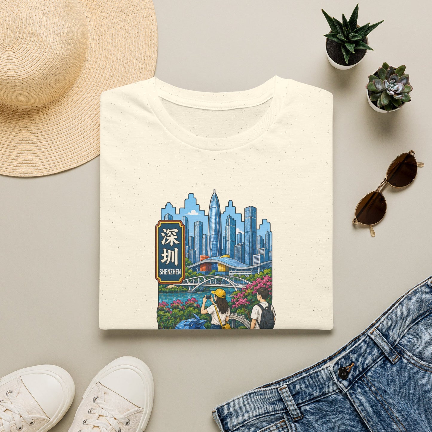 Shenzhen Skyline T-Shirt — Retro Travel City Scene with Chinese Characters
