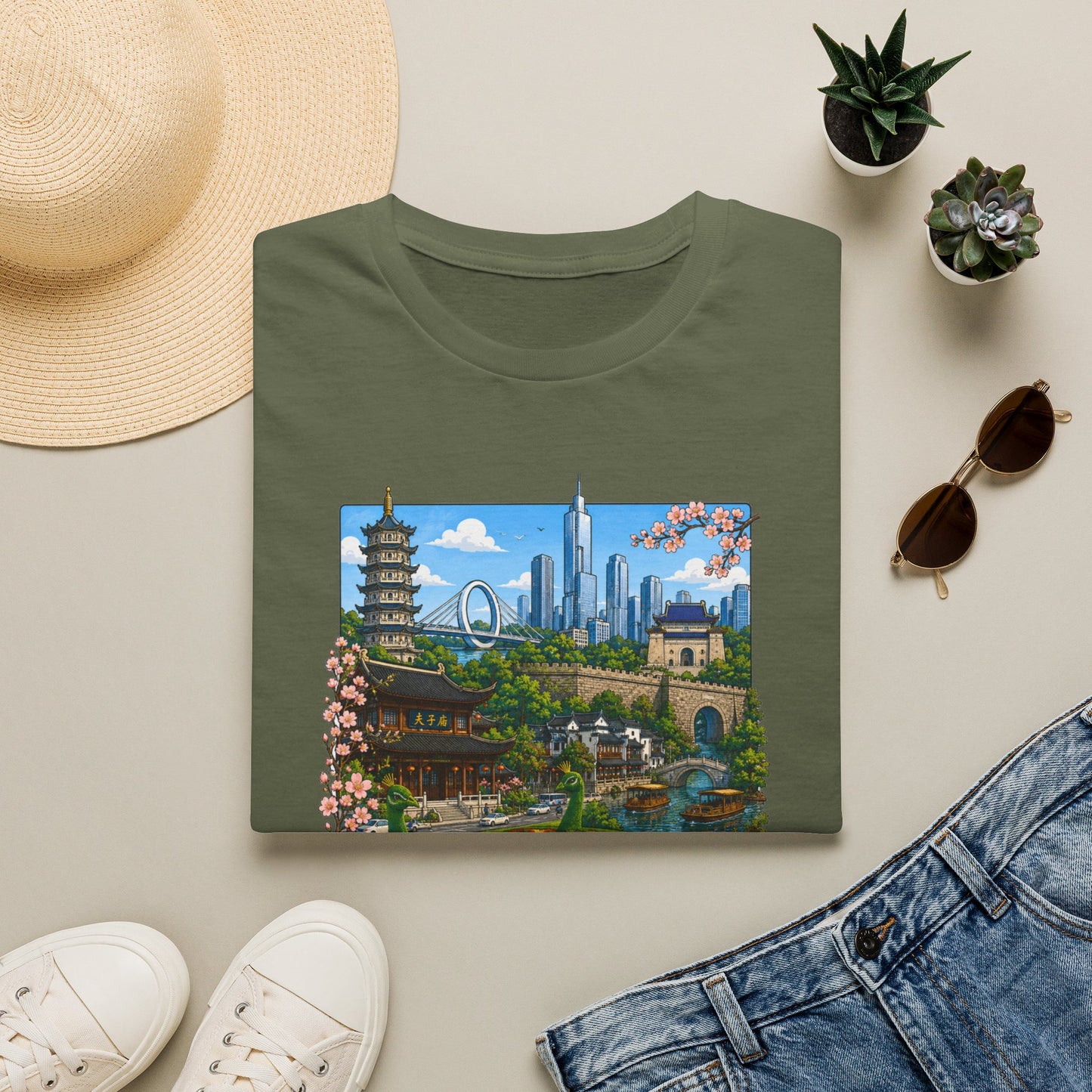 Nanjing Skyline T-Shirt — Scenic Cityscape with Pagoda & Cherry Blossoms