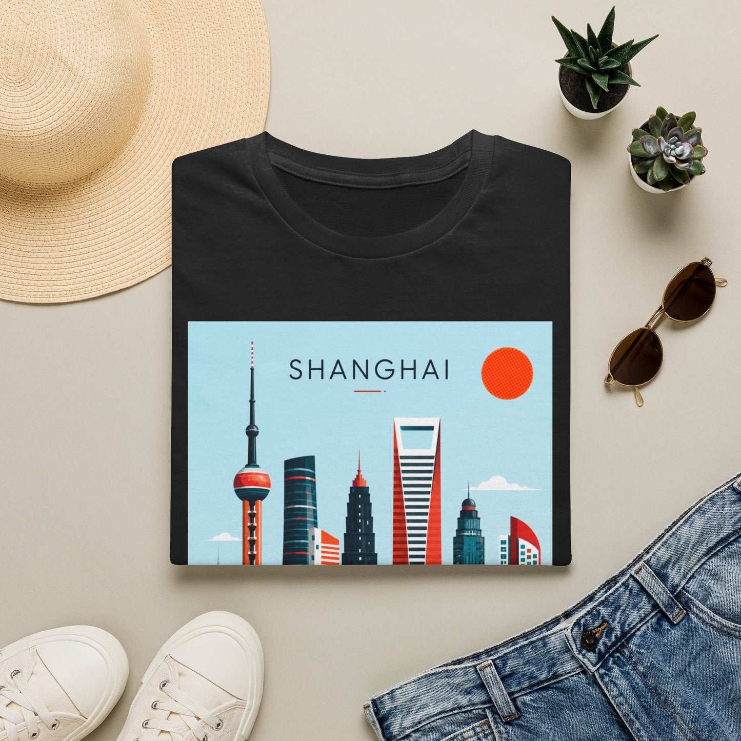 Shanghai Skyline T‑Shirt — Retro Cityscape Tee with 'SHANGHAI' Graphic