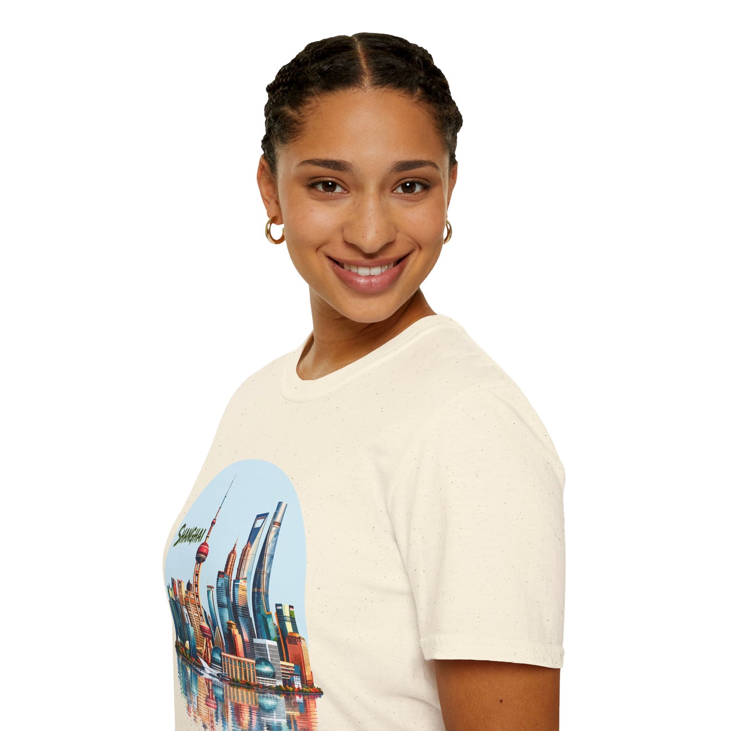 Shanghai Skyline T-Shirt — Retro Cityscape Tee with Reflection