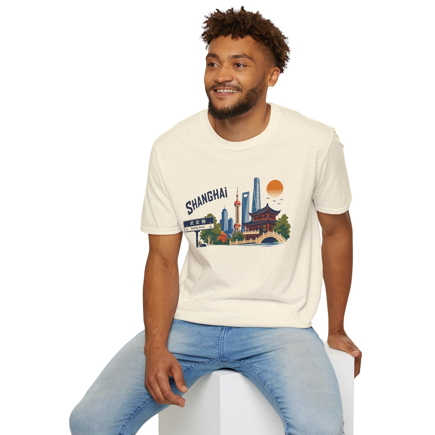 Shanghai Skyline T-Shirt — Vintage Cityscape Tee with Oriental Temple & Pudong Landmarks