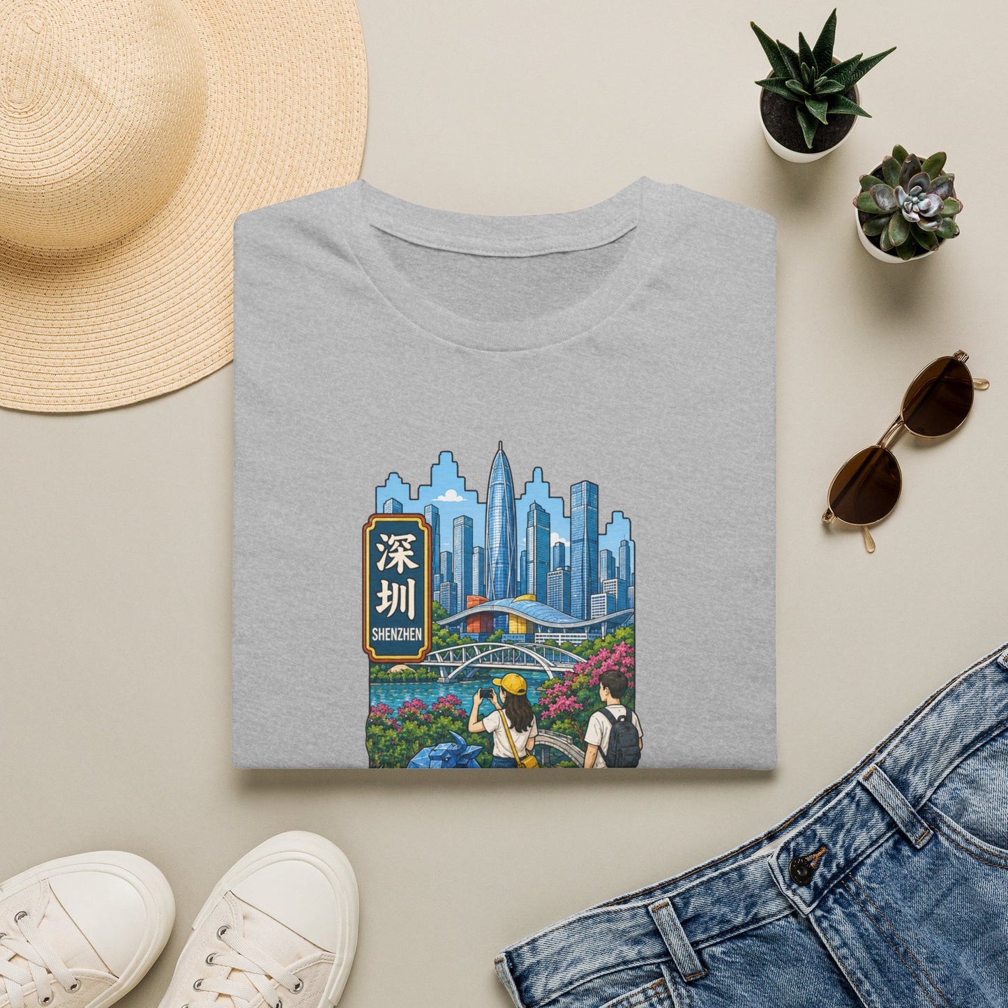 Shenzhen Skyline T-Shirt — Retro Travel City Scene with Chinese Characters
