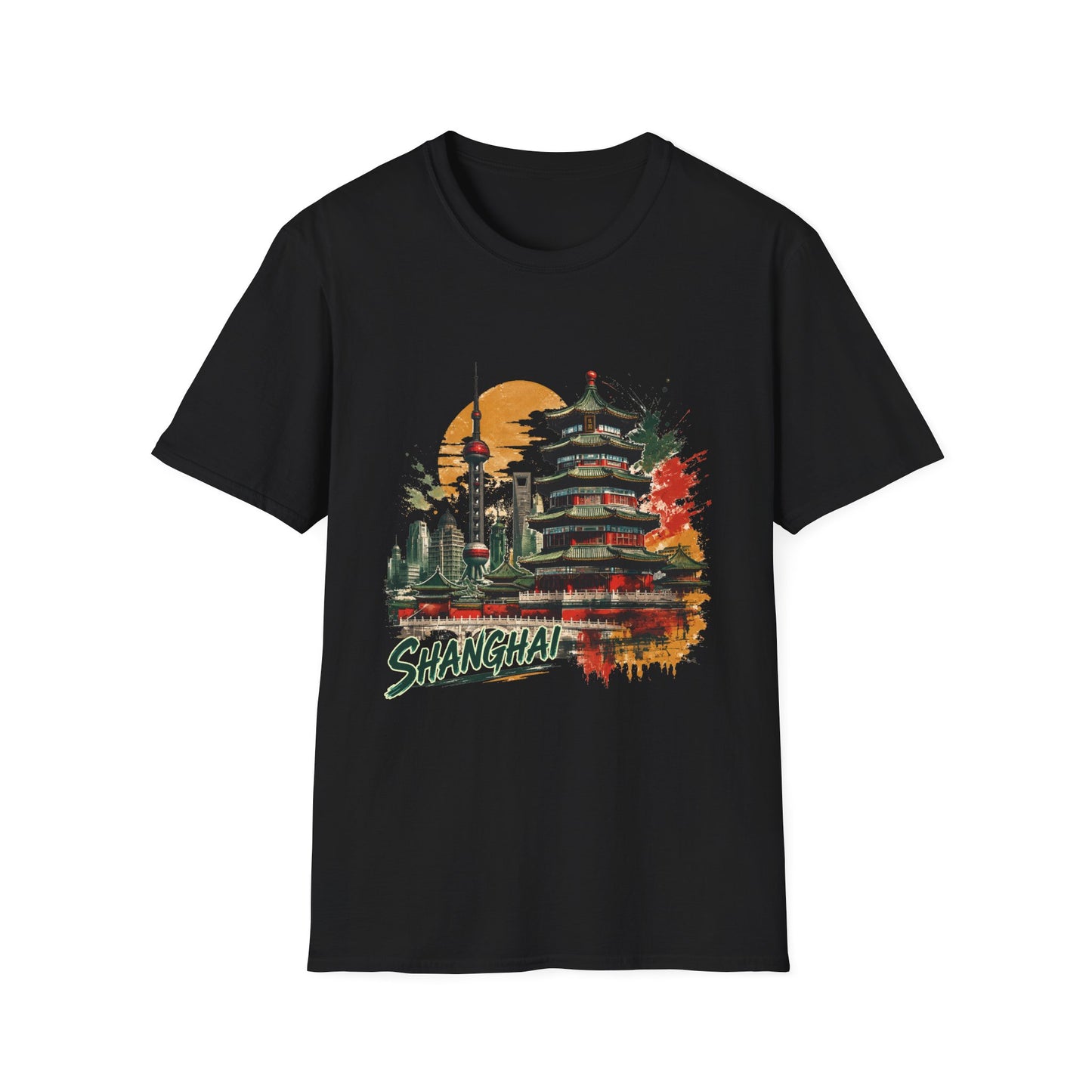 Shanghai skyline T-Shirt — Watercolor Pagoda & Oriental Sunset Tee