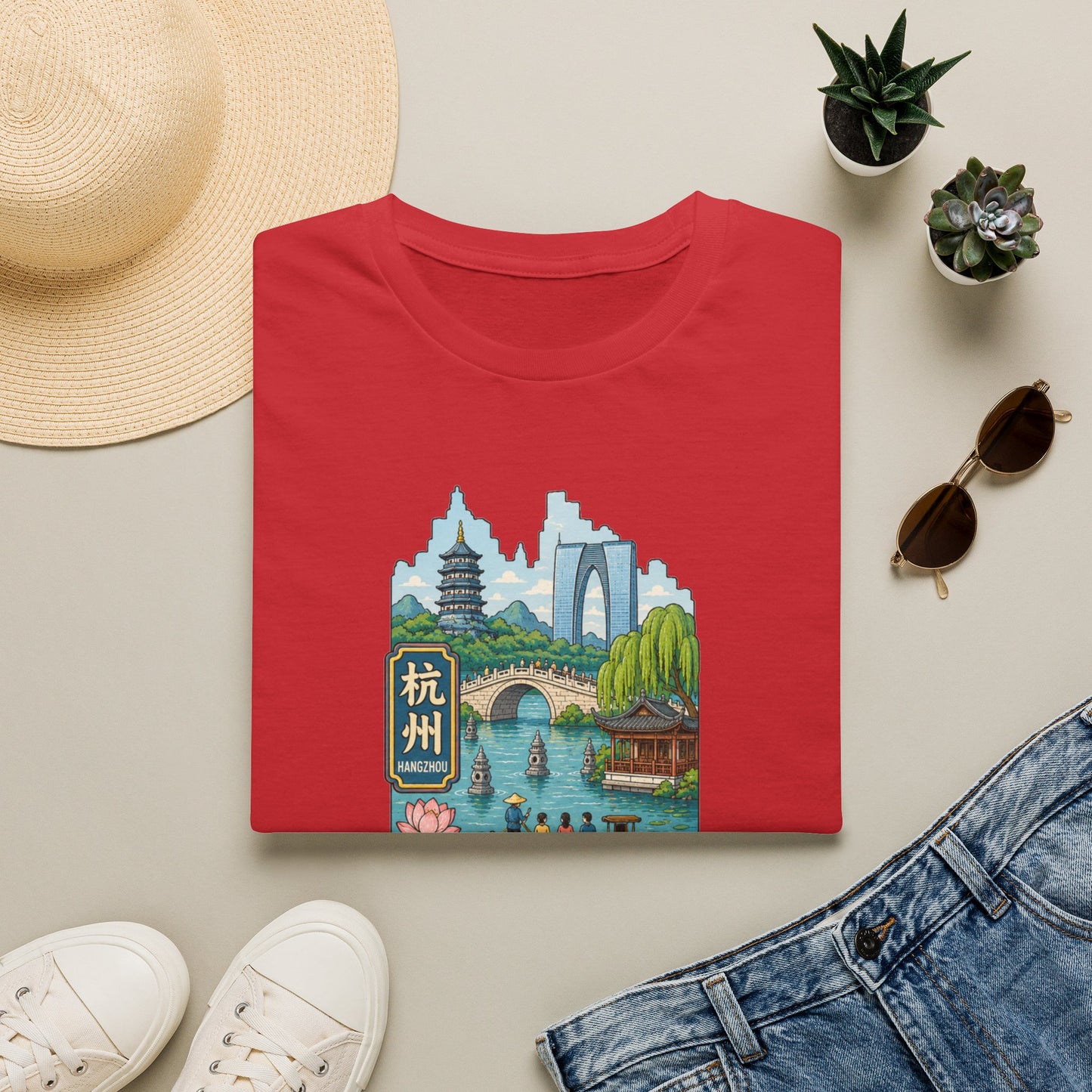 Hangzhou Scenic T-Shirt — West Lake Pagoda & Bridge Illustration