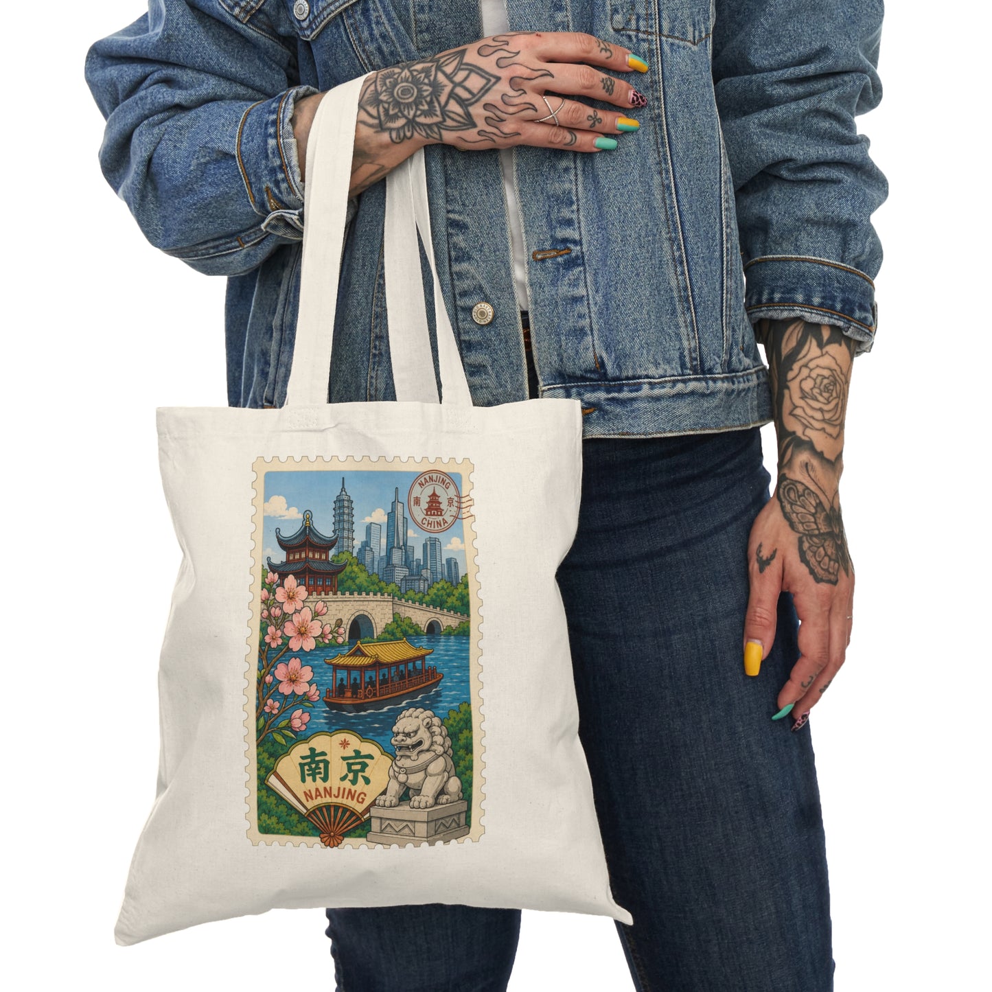 Nanjing Travel Stamp Tote Bag — Scenic Cherry Blossom River Market Bag