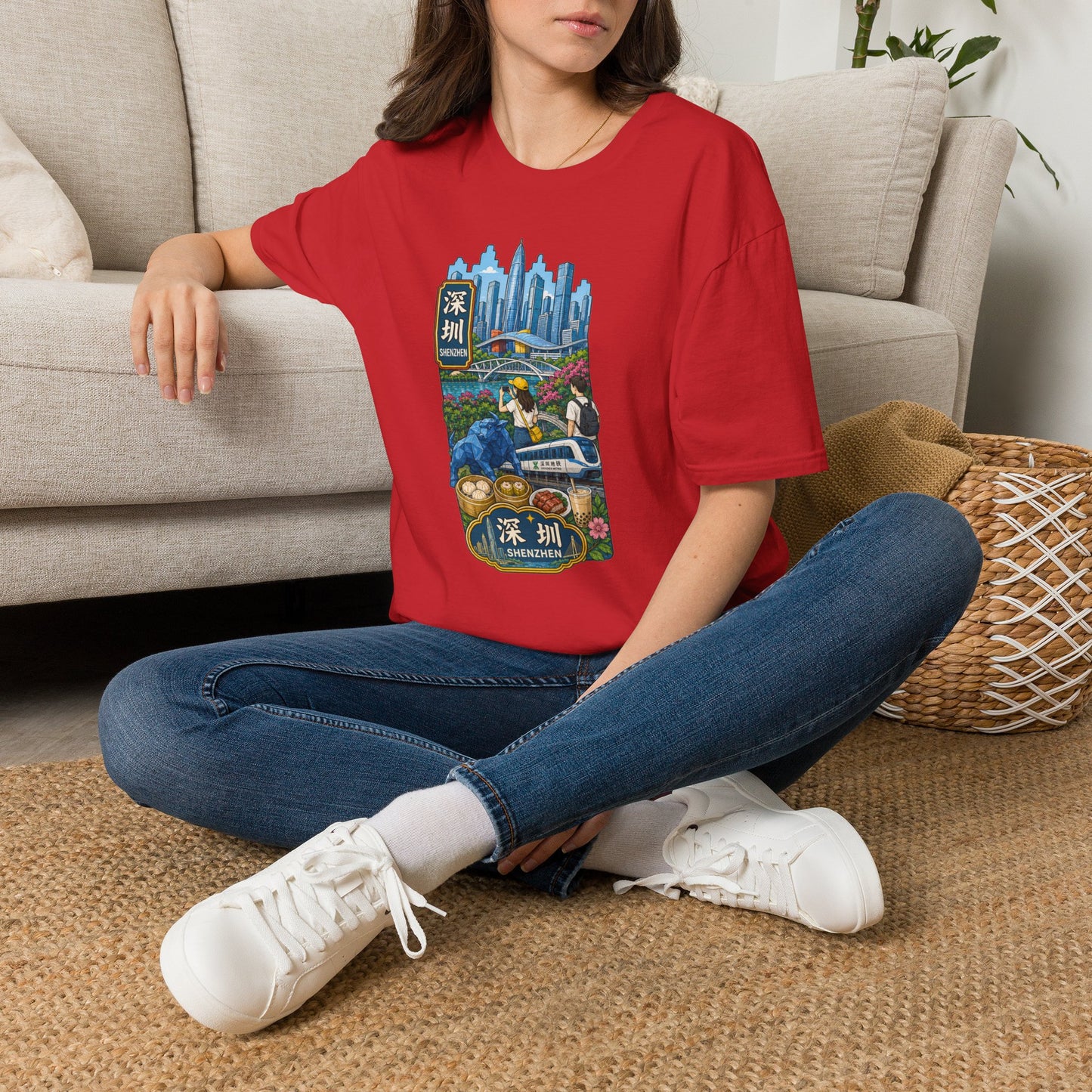 Shenzhen Skyline T-Shirt — Retro Travel City Scene with Chinese Characters