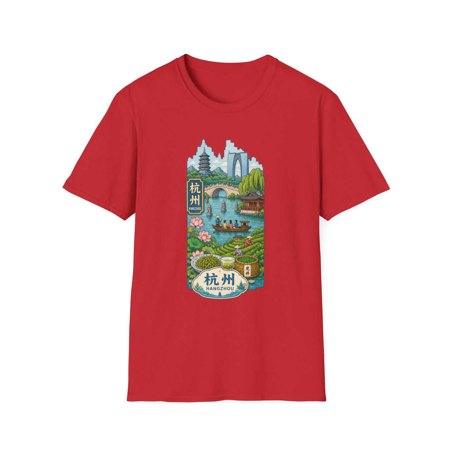 Hangzhou Scenic T-Shirt — West Lake Pagoda & Bridge Illustration