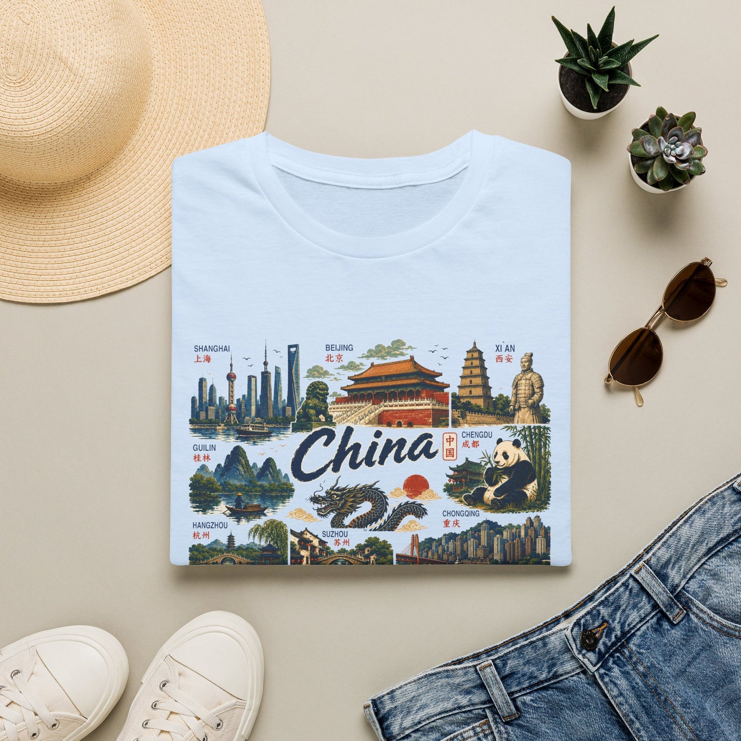 China Landmarks T-Shirt — Panda, Great Wall & Skyline Travel Tee