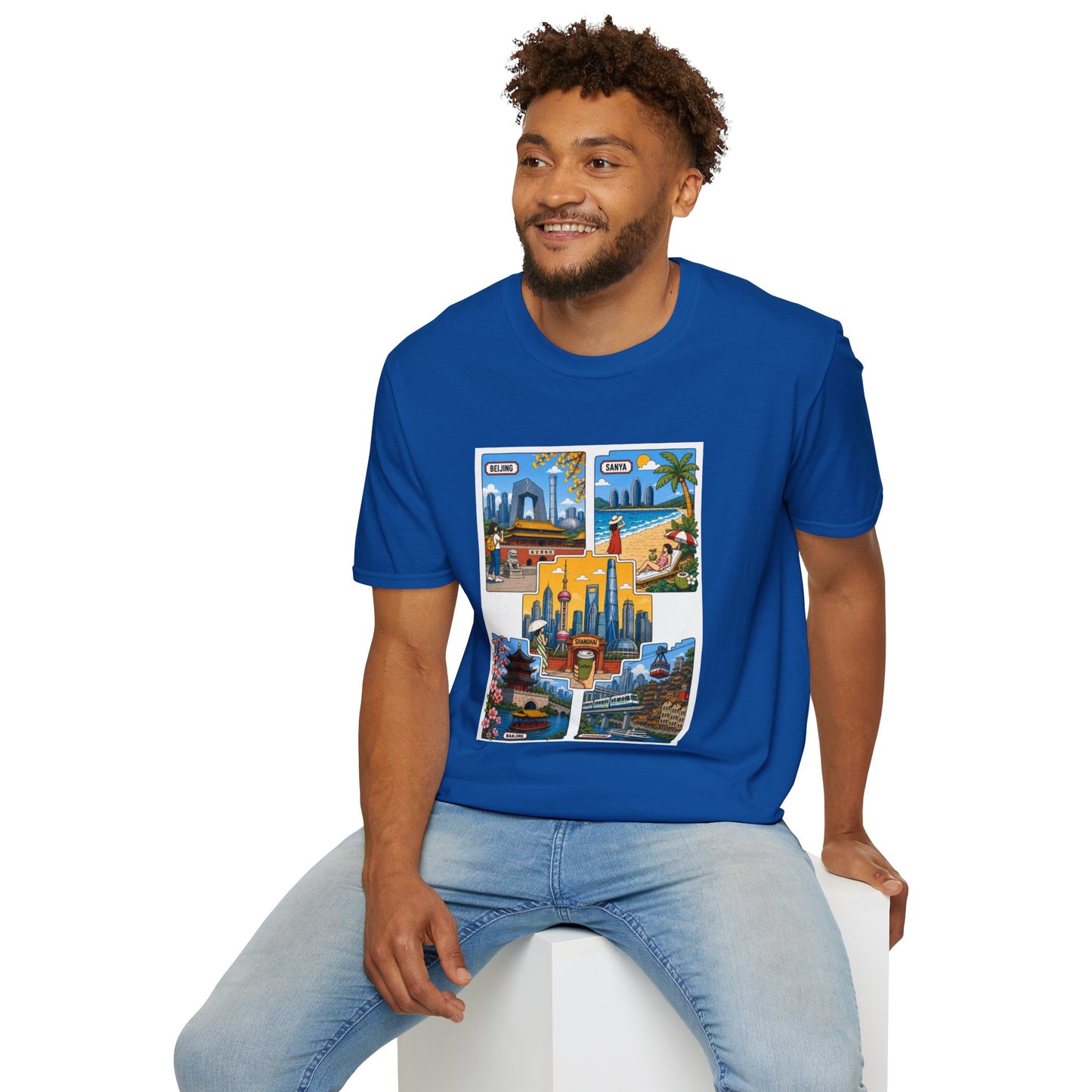 Cityscape Postcard T-Shirt — Retro Travel Collage (Beijing, Santa, Coastal Scenes)