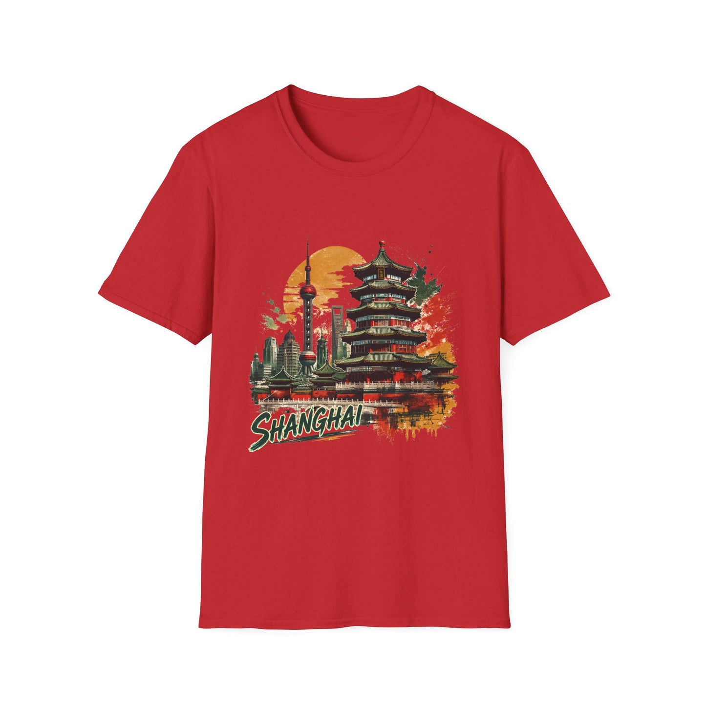 Shanghai skyline T-Shirt — Watercolor Pagoda & Oriental Sunset Tee