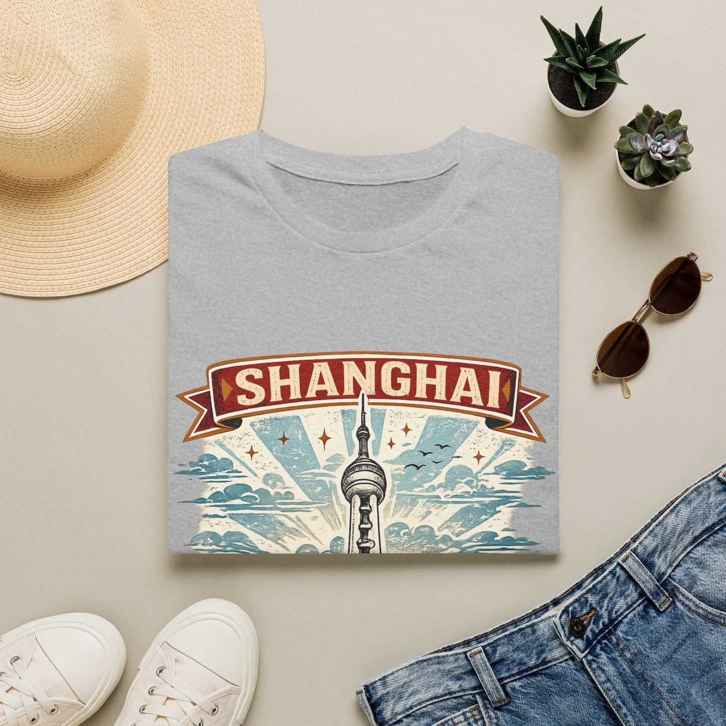 Shanghai Skyline T-Shirt — Retro Oriental Pearl Tower Travel Tee
