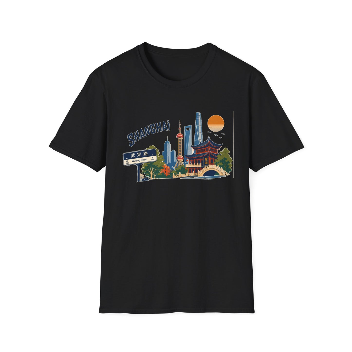 Shanghai Skyline T-Shirt — Vintage Cityscape Tee with Oriental Temple & Pudong Landmarks