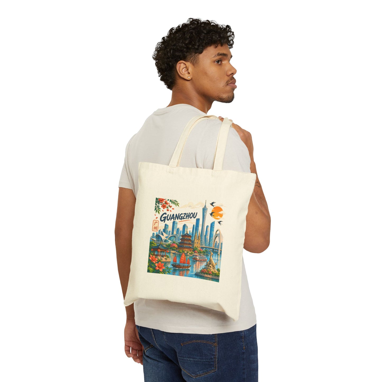 Guangzhou Cityscape Canvas Tote Bag — Vintage Travel Souvenir Bag