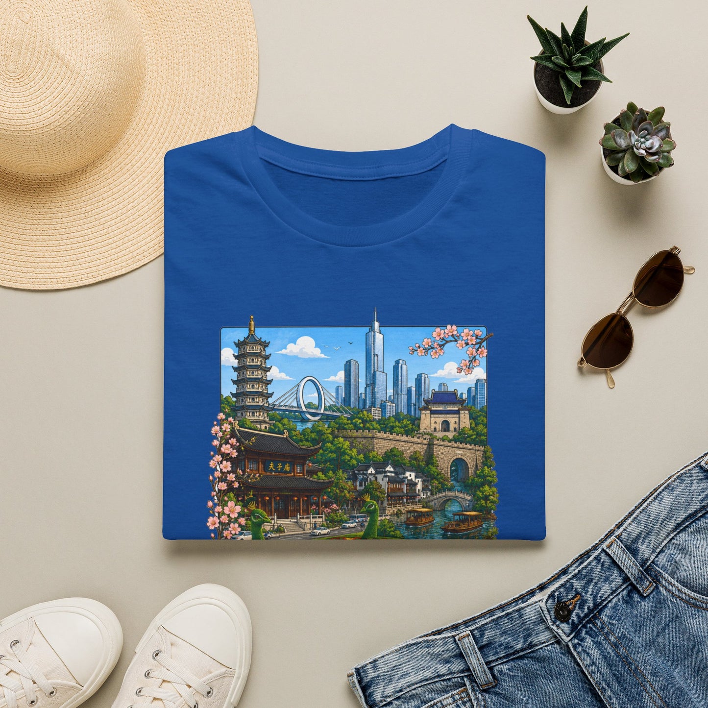 Nanjing Skyline T-Shirt — Scenic Cityscape with Pagoda & Cherry Blossoms