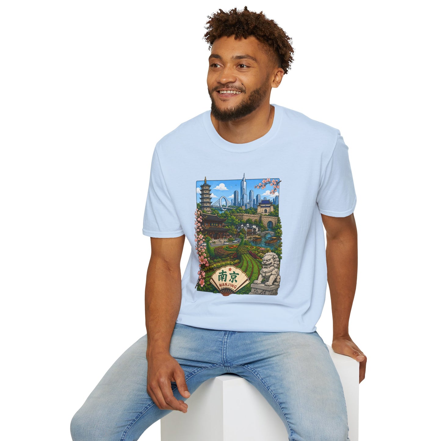 Nanjing Skyline T-Shirt — Scenic Cityscape with Pagoda & Cherry Blossoms