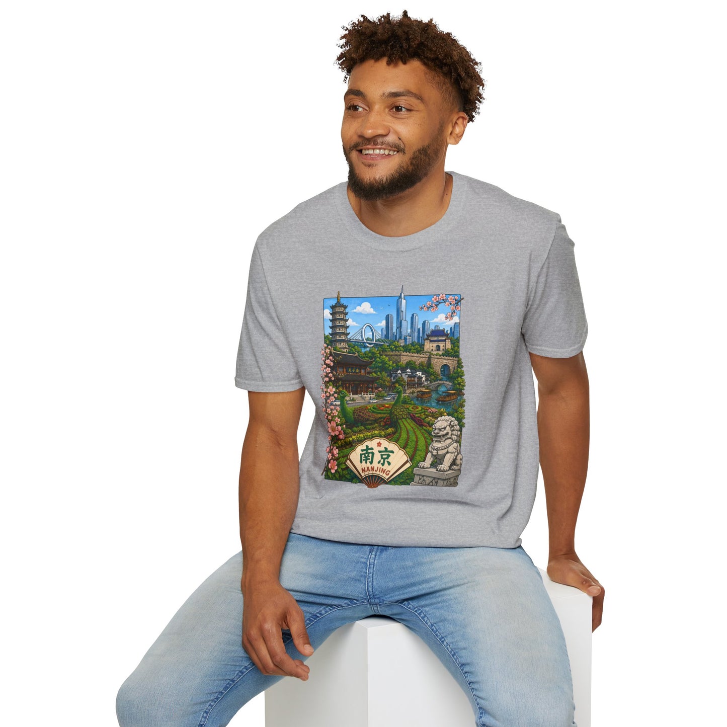 Nanjing Skyline T-Shirt — Scenic Cityscape with Pagoda & Cherry Blossoms