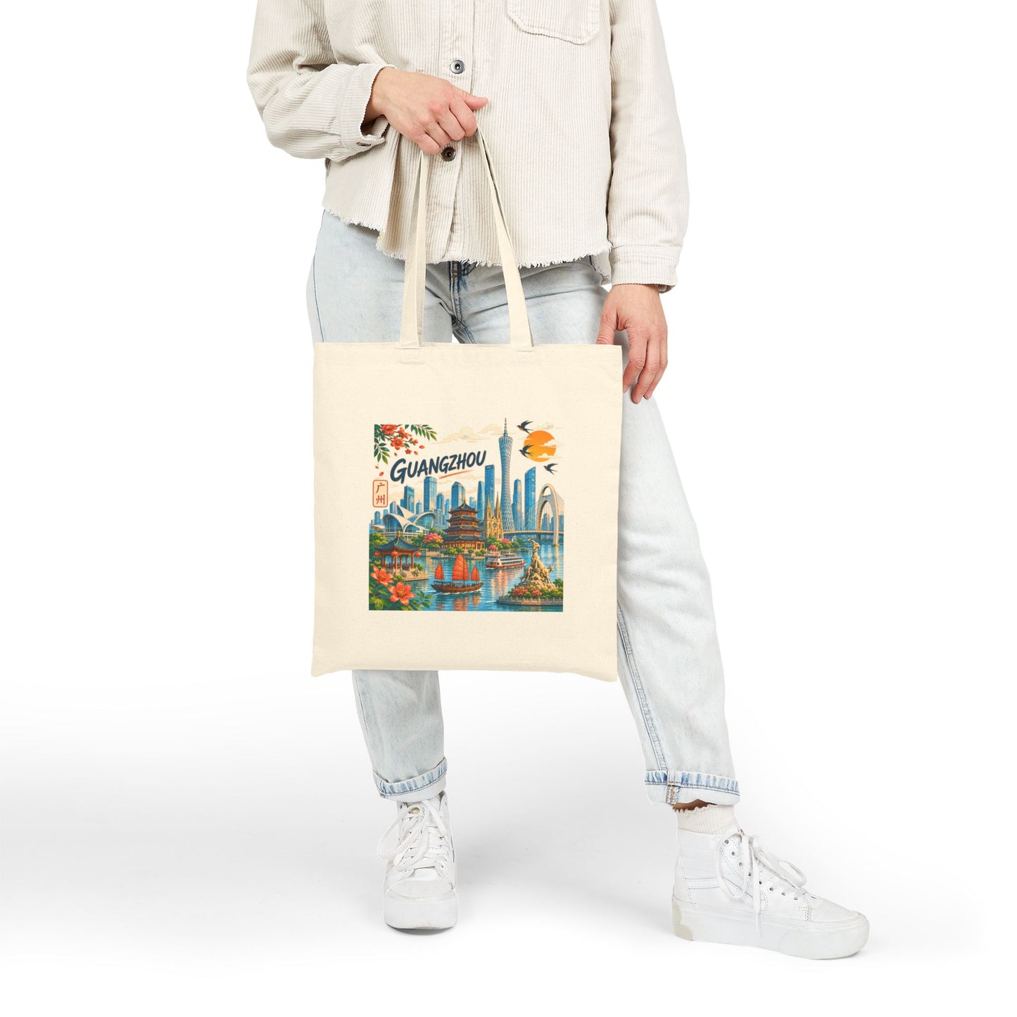 Guangzhou Cityscape Canvas Tote Bag — Vintage Travel Souvenir Bag