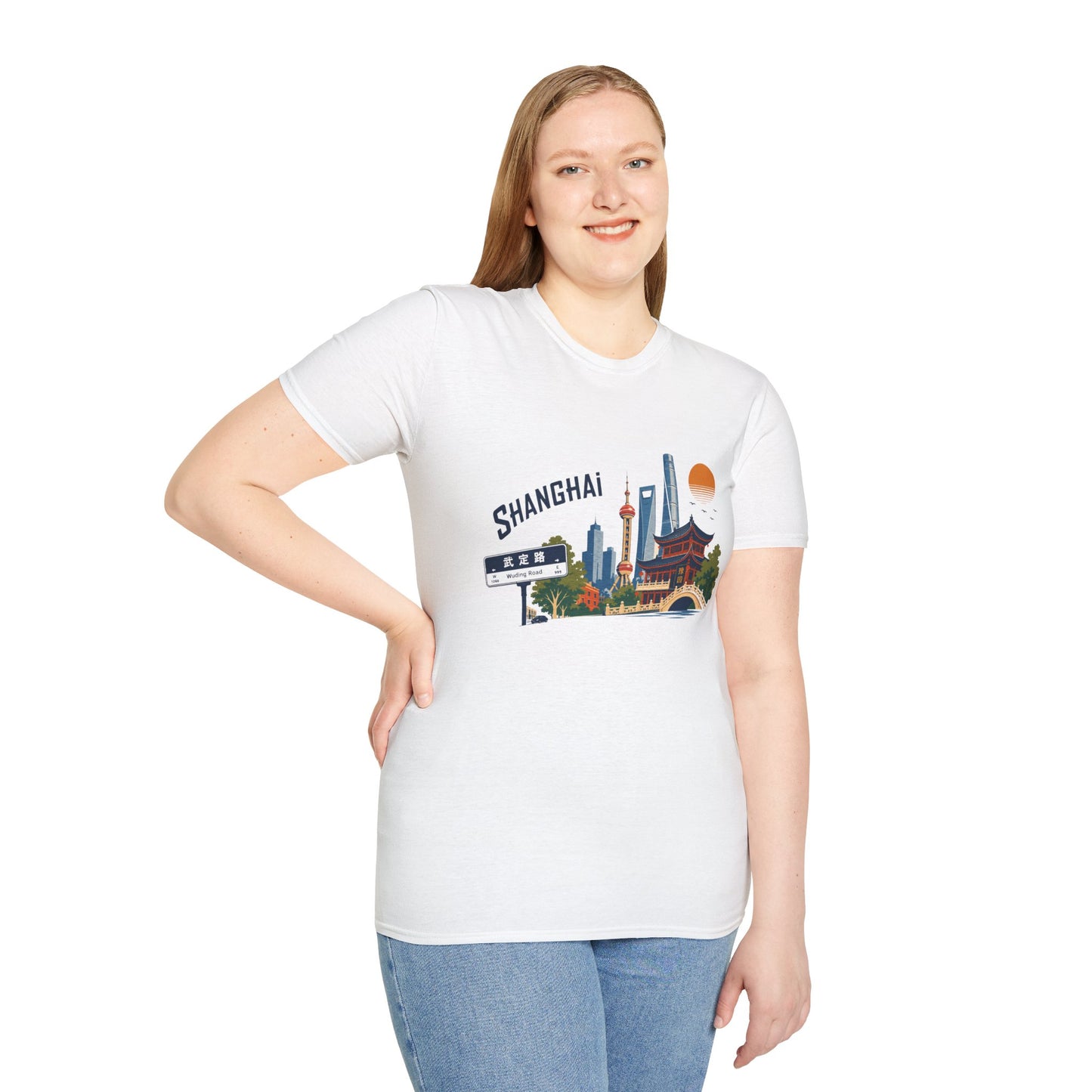 Shanghai Skyline T-Shirt — Retro Cityscape Tee with Oriental Pagoda & Street Sign