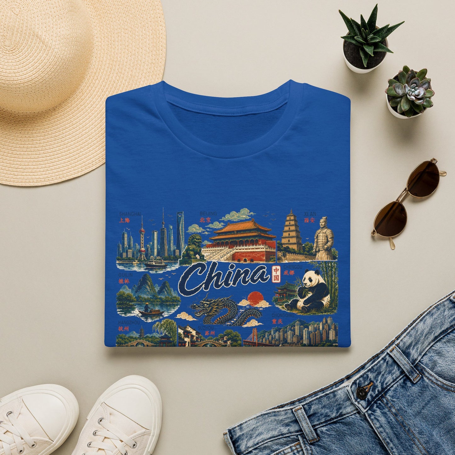 China Landmarks T-Shirt — Panda, Great Wall & Skyline Travel Tee