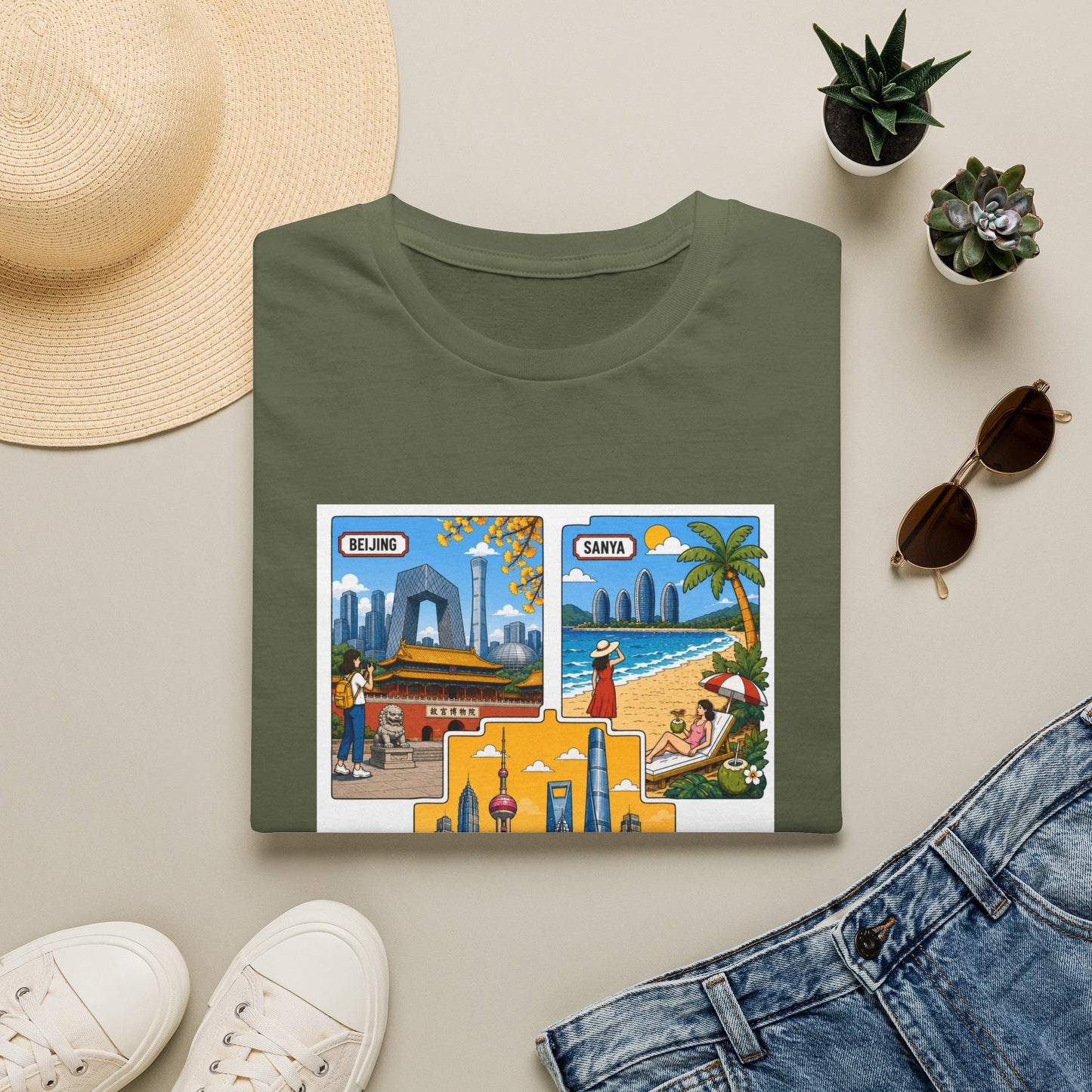 Cityscape Postcard T-Shirt — Retro Travel Collage (Beijing, Santa, Coastal Scenes)