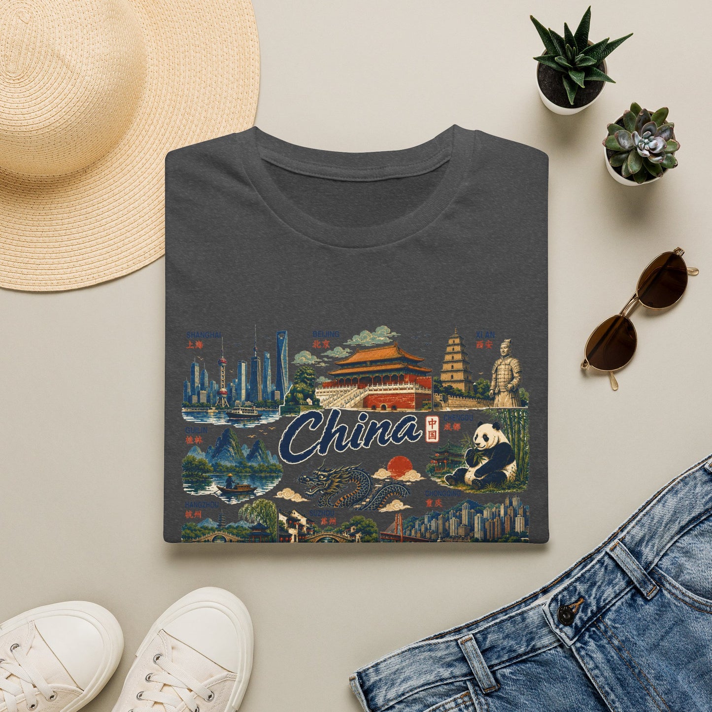 China Landmarks T-Shirt — Panda, Great Wall & Skyline Travel Tee