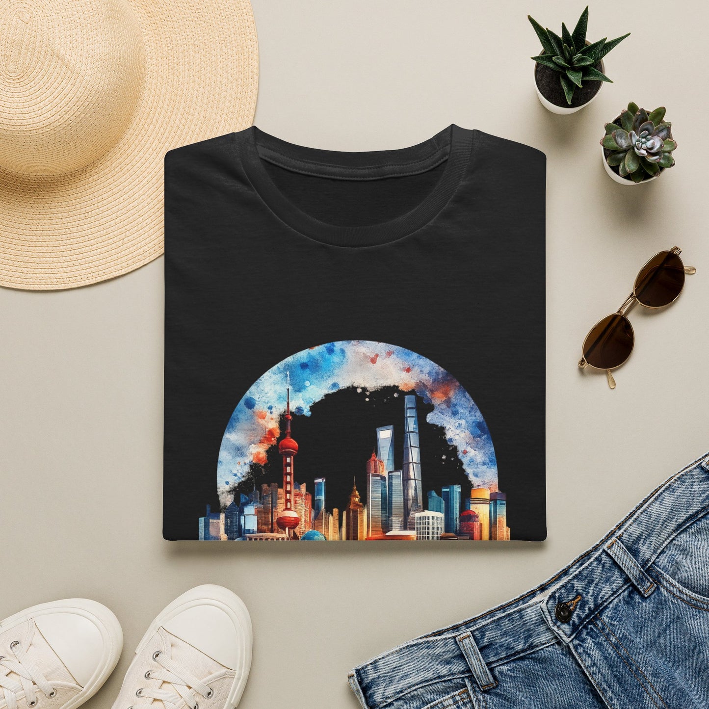 City Skyline T-Shirt — Watercolor Shanghai Landscape Tee