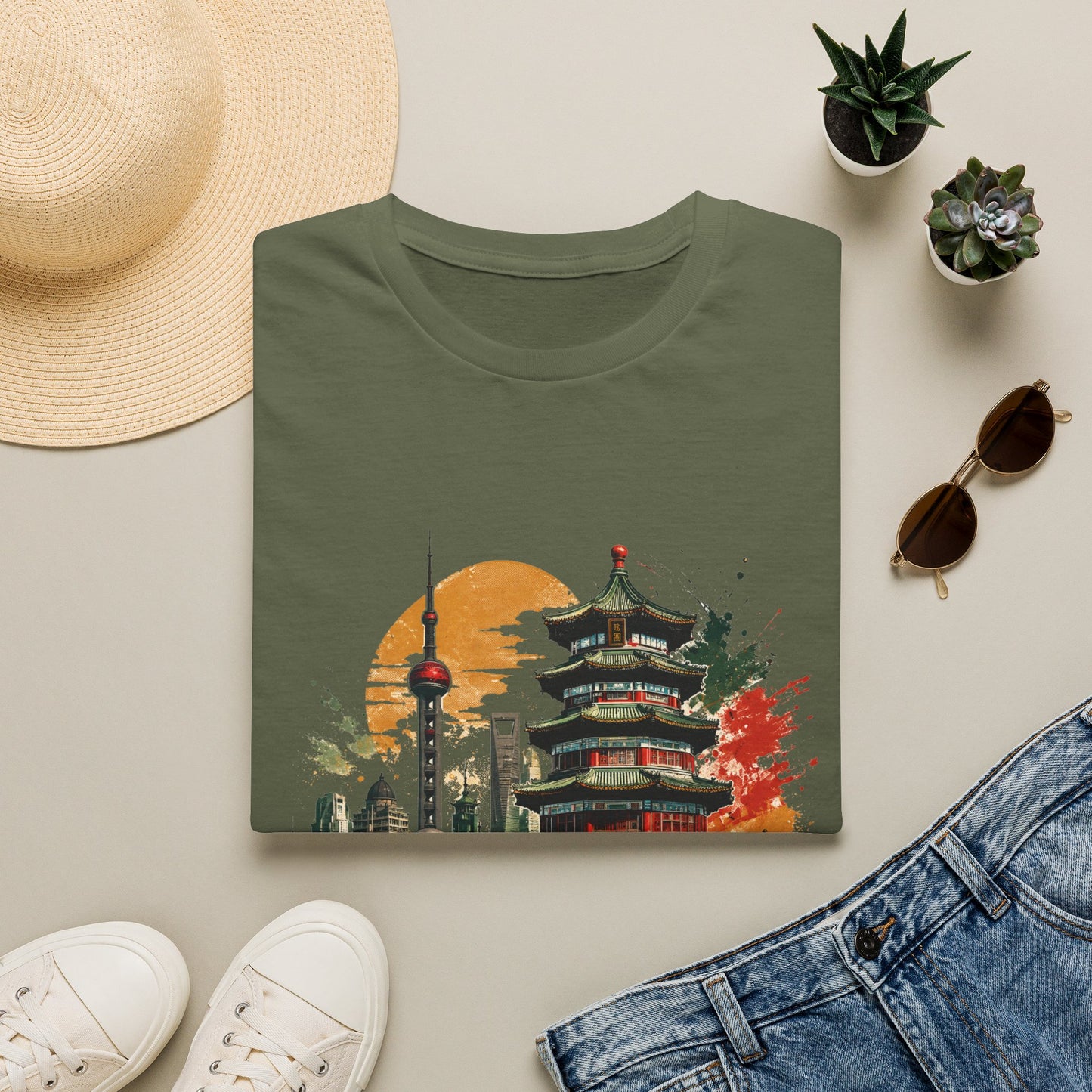 Shanghai skyline T-Shirt — Watercolor Pagoda & Oriental Sunset Tee