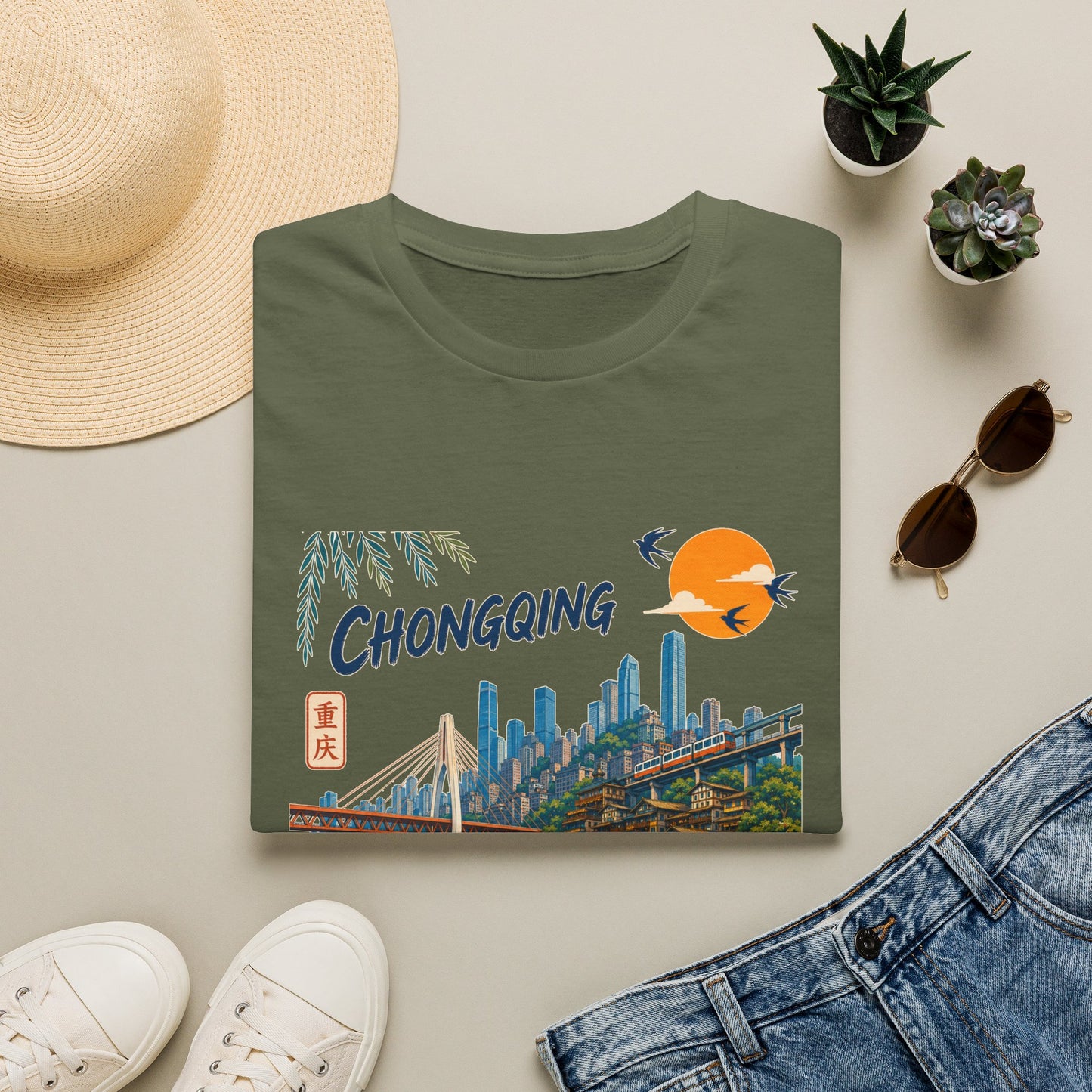 Chongqing Cityscape T-Shirt — Retro Sunset Asian Travel Tee