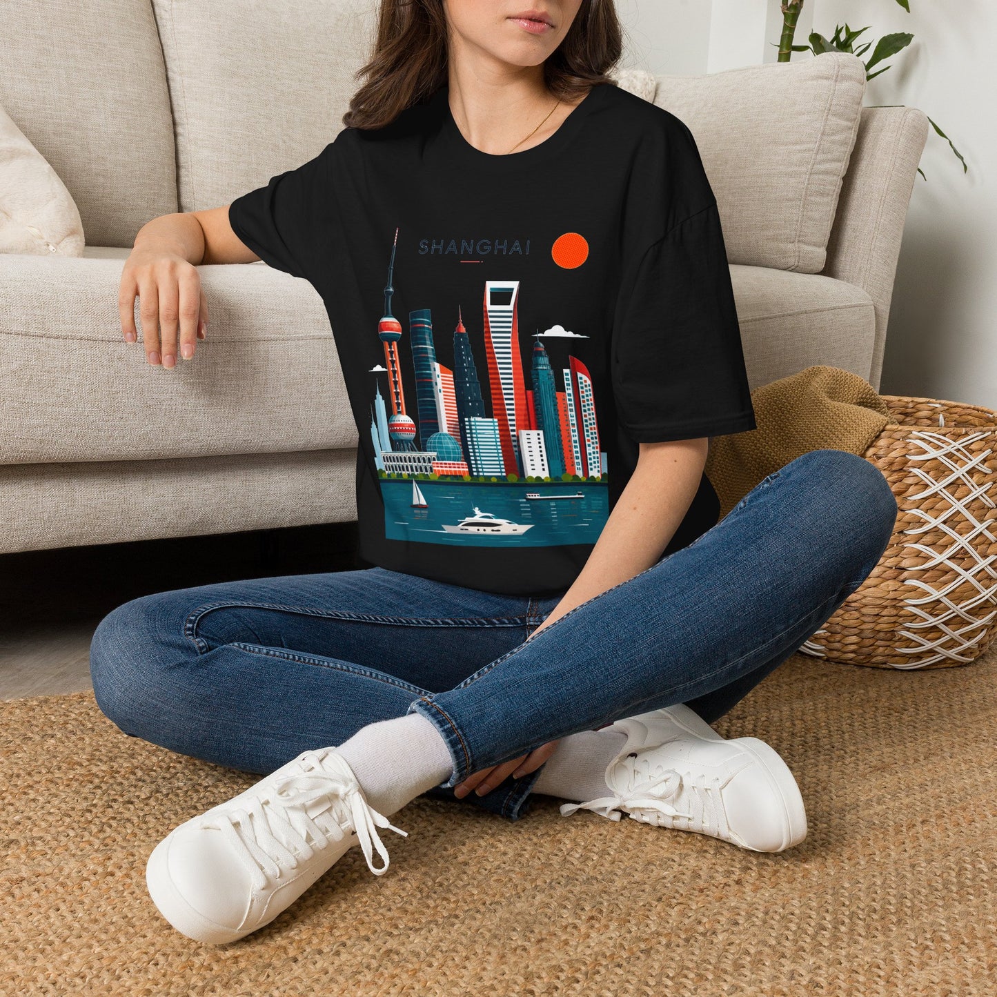 Shanghai Skyline T‑Shirt — Retro Red Sun Cityscape Tee