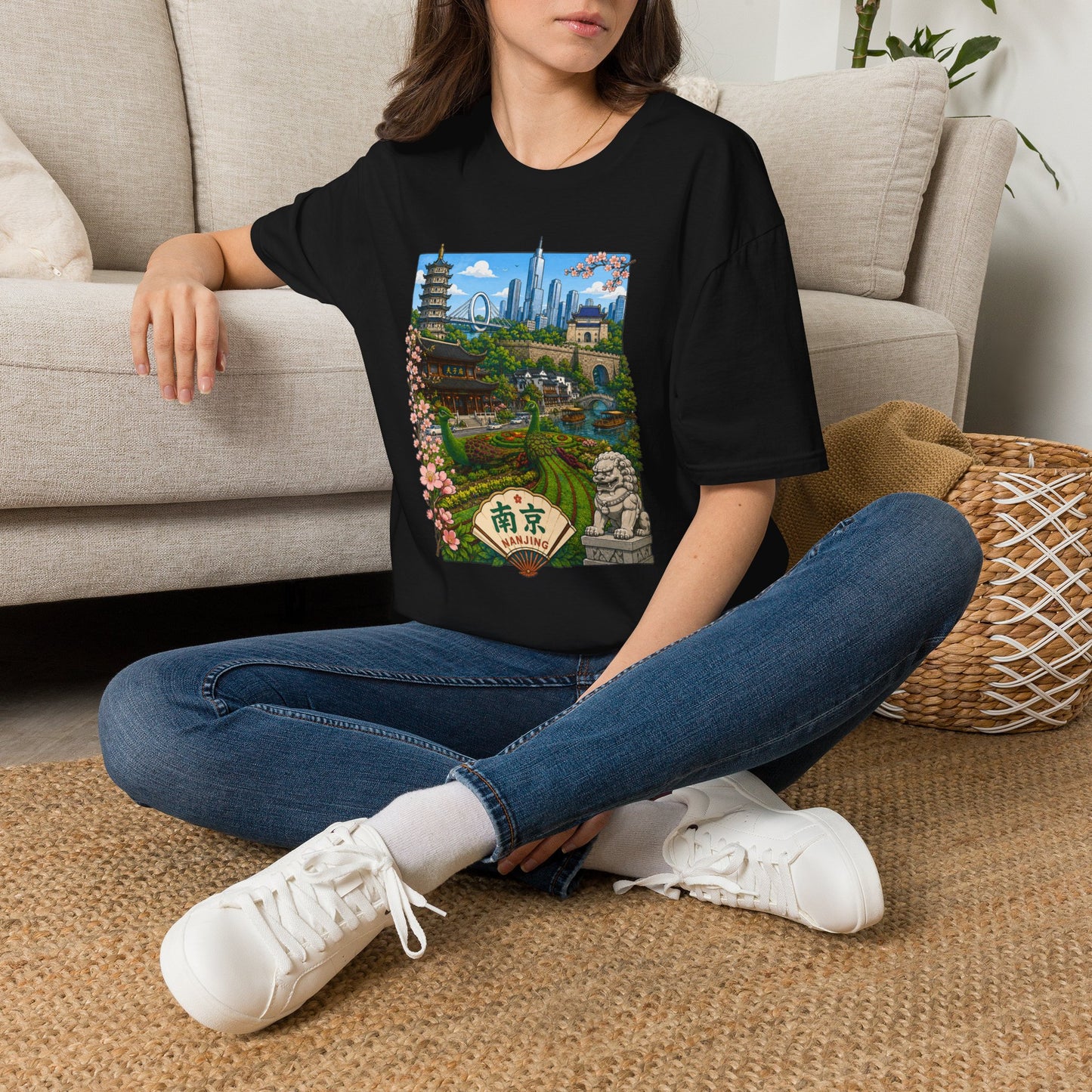 Nanjing Skyline T-Shirt — Scenic Cityscape with Pagoda & Cherry Blossoms