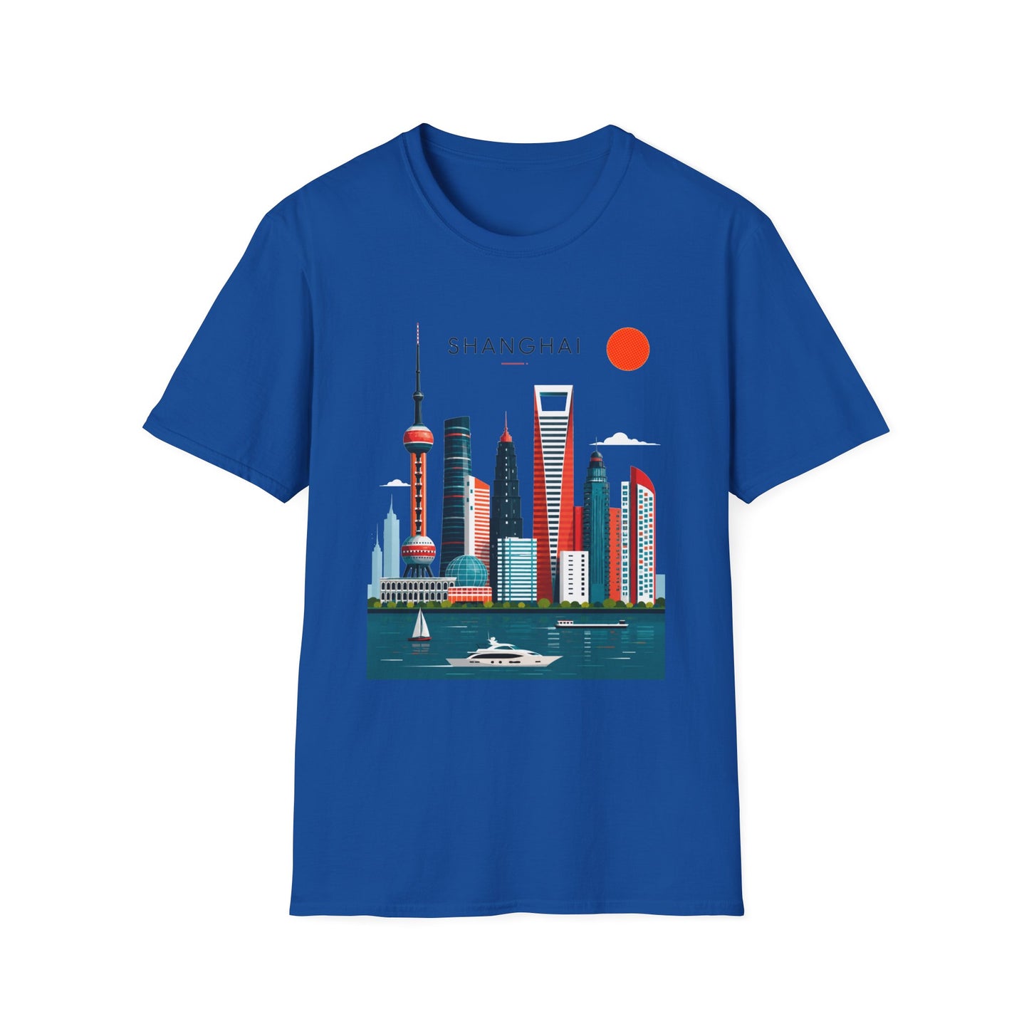 Shanghai Skyline T‑Shirt — Retro Red Sun Cityscape Tee