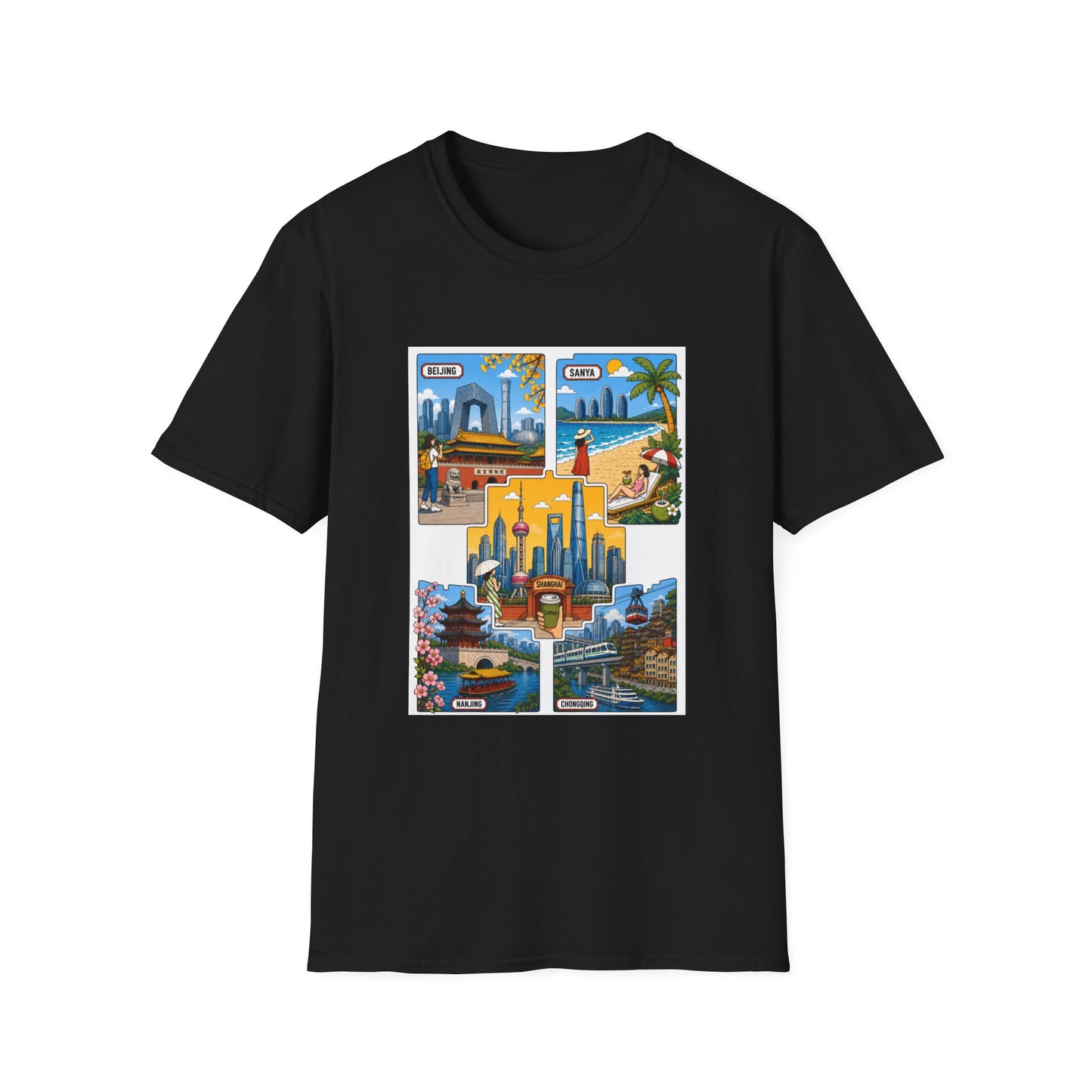 Cityscape Postcard T-Shirt — Retro Travel Collage (Beijing, Santa, Coastal Scenes)