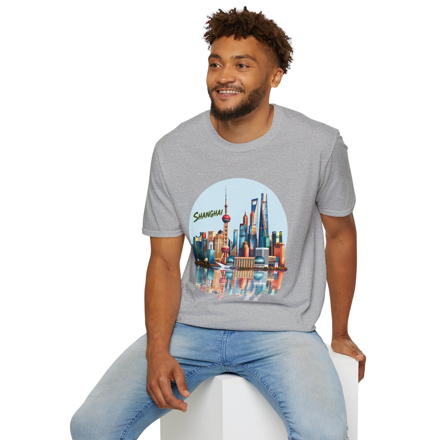 Shanghai Skyline T-Shirt — Retro Cityscape Tee with Reflection