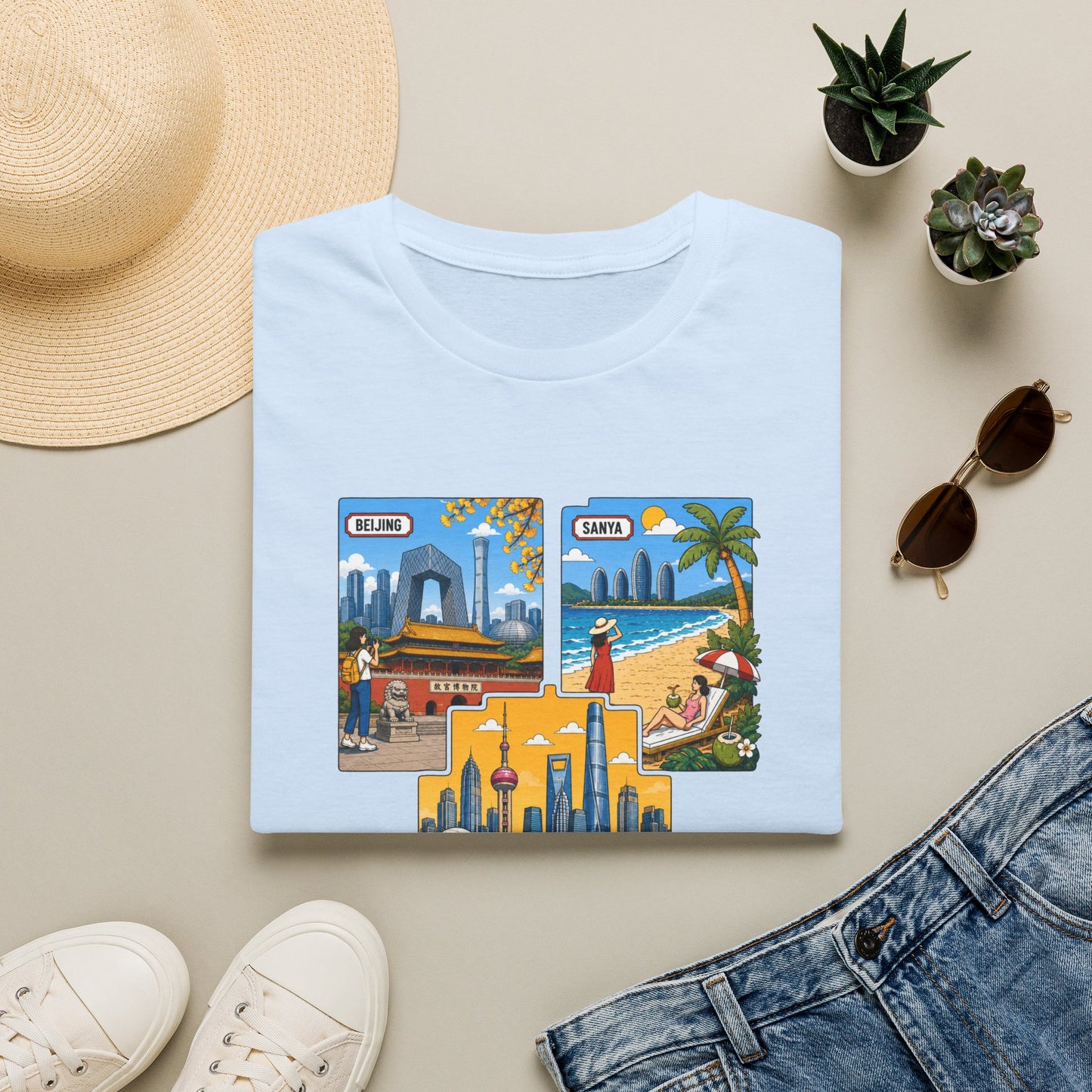 Cityscape Postcard T-Shirt — Miami & Dubai Travel Vintage Graphic Tee