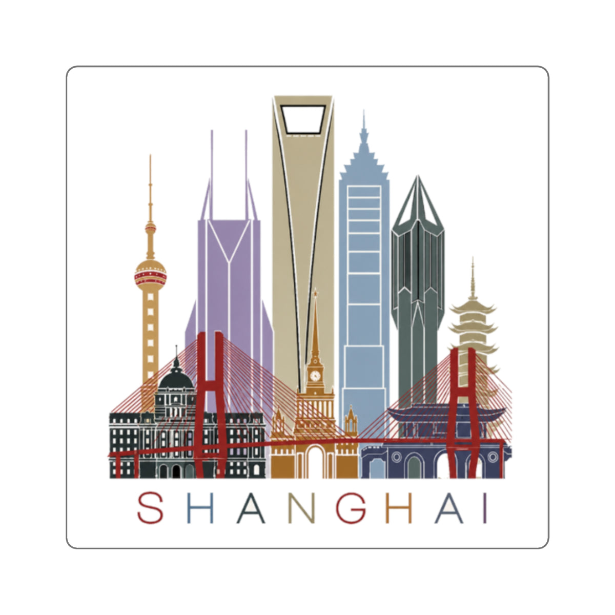 Shanghai Skyline Square Sticker — Colorful City Landmark Decal