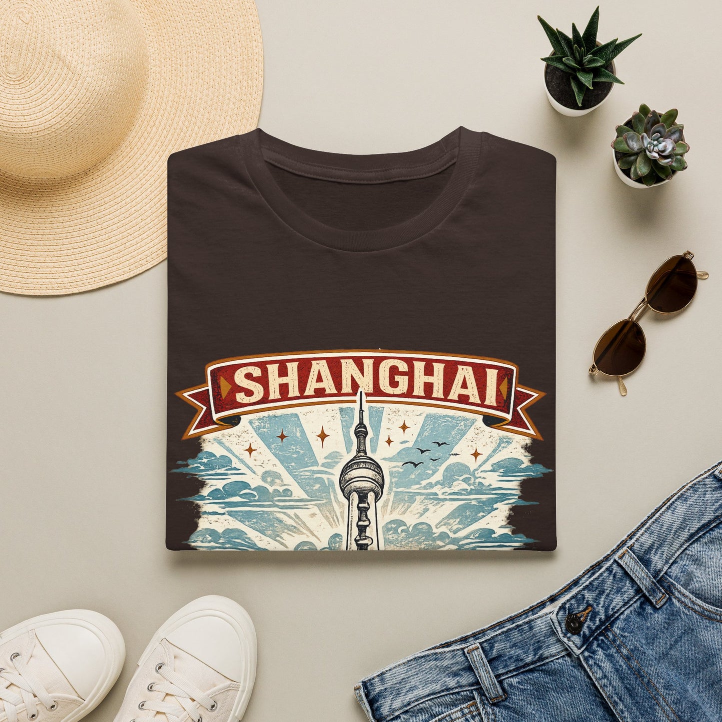 Shanghai Skyline T-Shirt — Retro Oriental Pearl Tower Travel Tee
