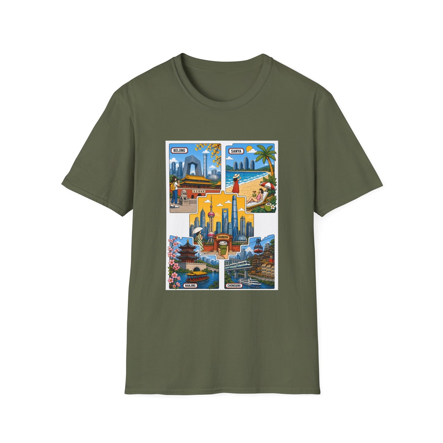 Cityscape Postcard T-Shirt — Retro Travel Collage (Beijing, Santa, Coastal Scenes)