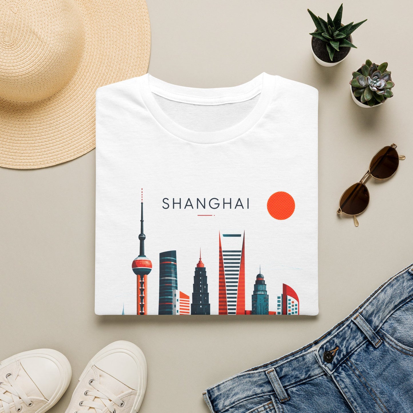 Shanghai Skyline T‑Shirt — Retro Red Sun Cityscape Tee