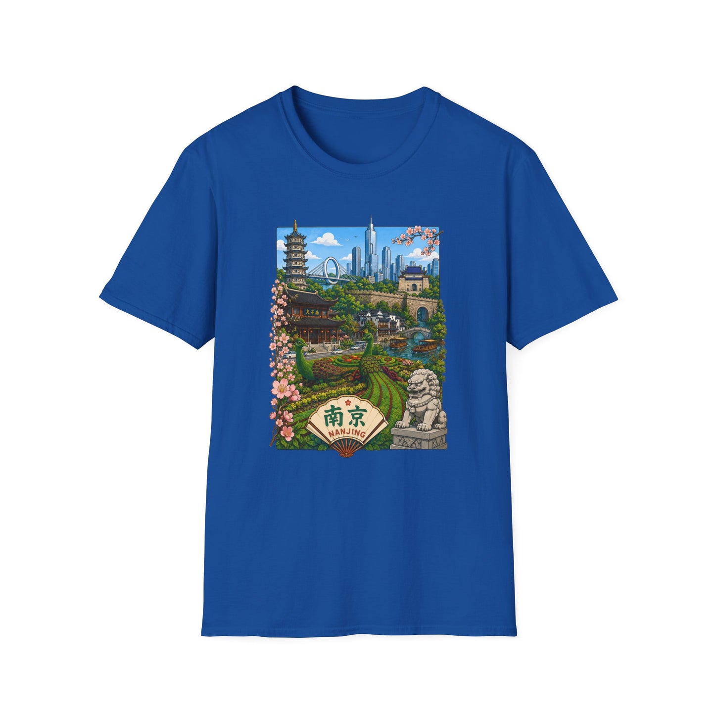 Nanjing Skyline T-Shirt — Scenic Cityscape with Pagoda & Cherry Blossoms