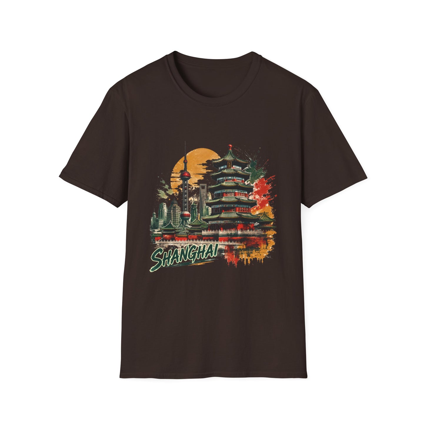 Shanghai skyline T-Shirt — Watercolor Pagoda & Oriental Sunset Tee